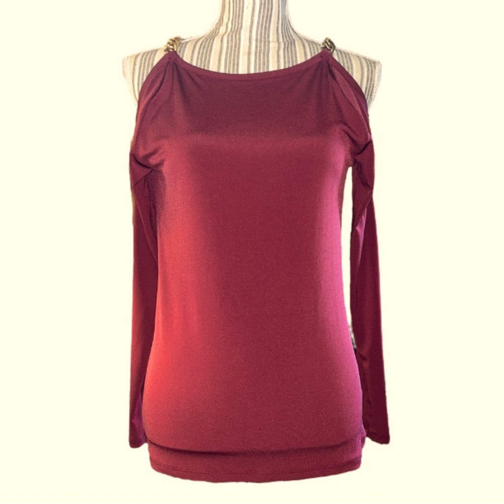 Michael Kors Off Shoulder Gold Chain Link Strap Burgundy Red Top, Size XS